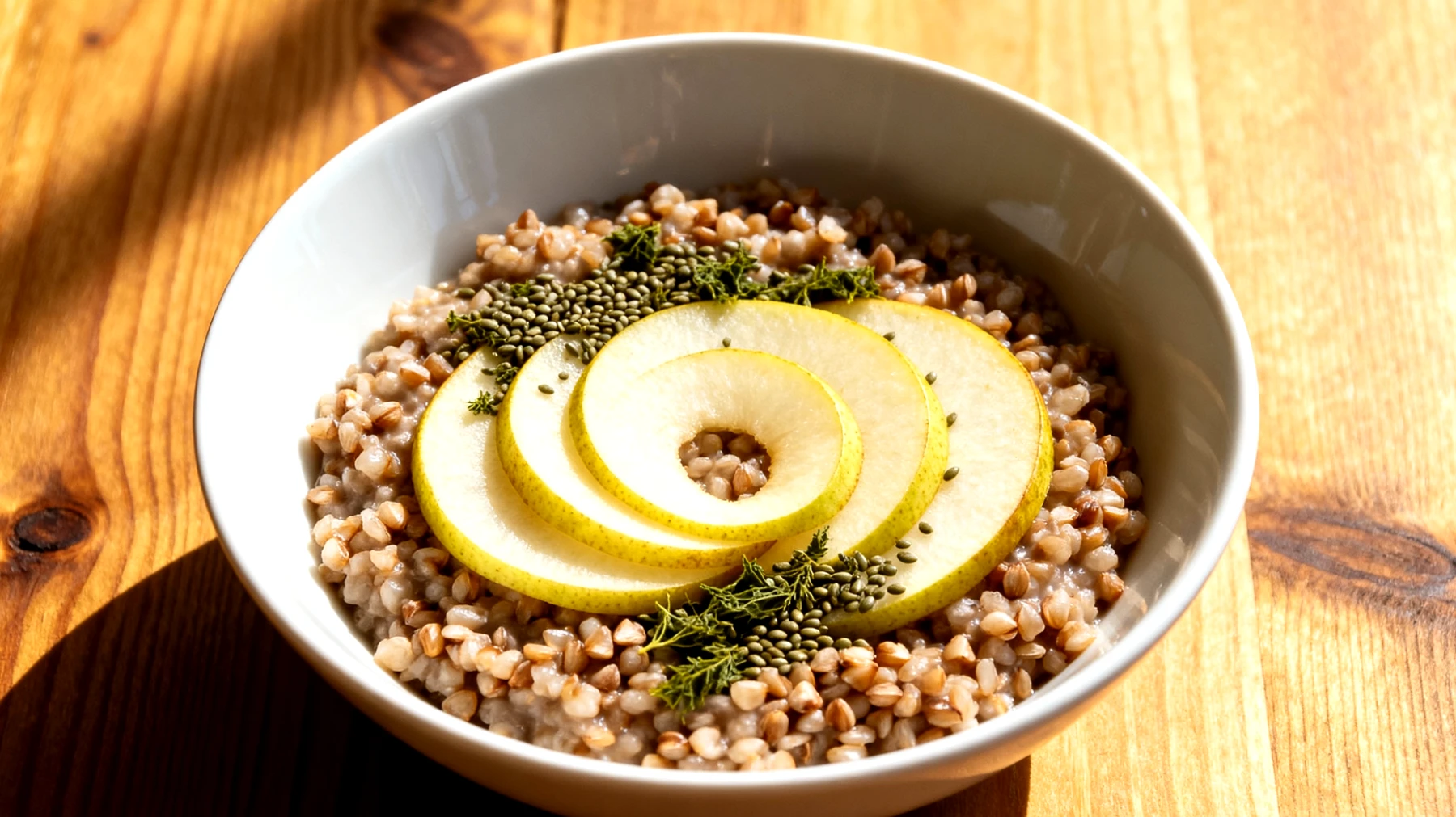 Buchweizen-Porridge mit Brennnesselsamen und Birne"