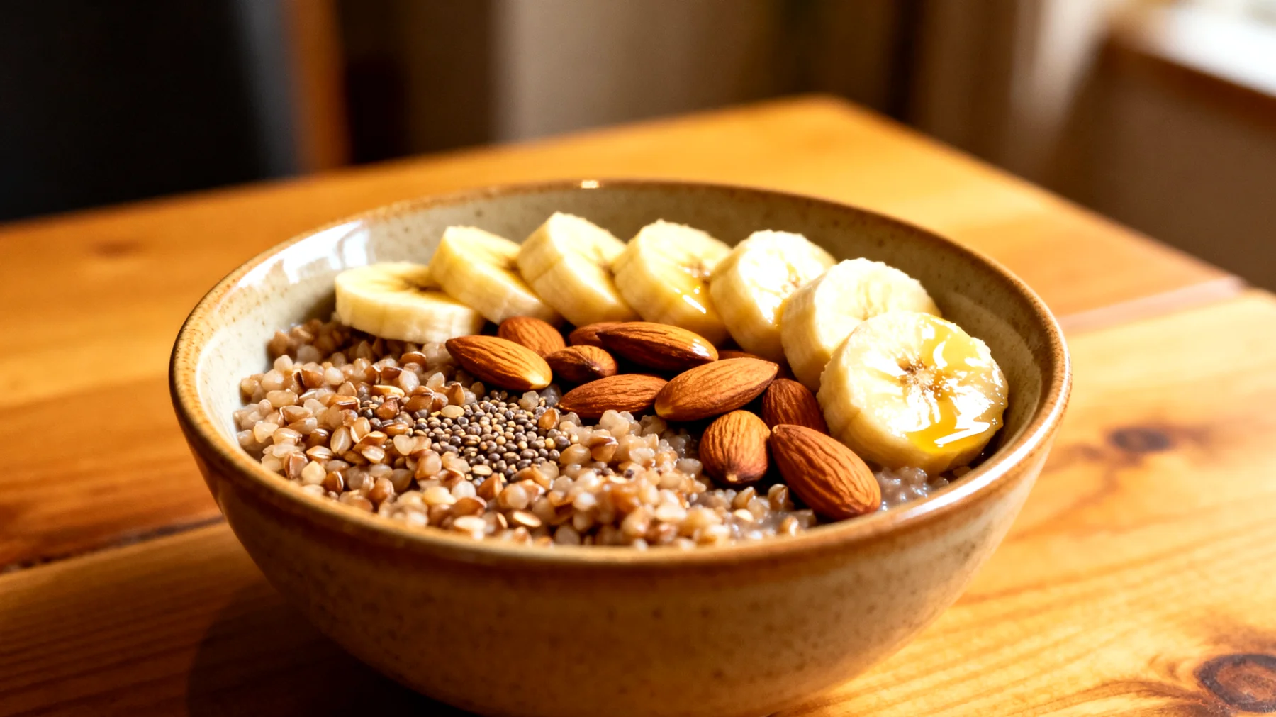 Buchweizenbrei mit Amaranth, Mandeln und Bananenscheiben"