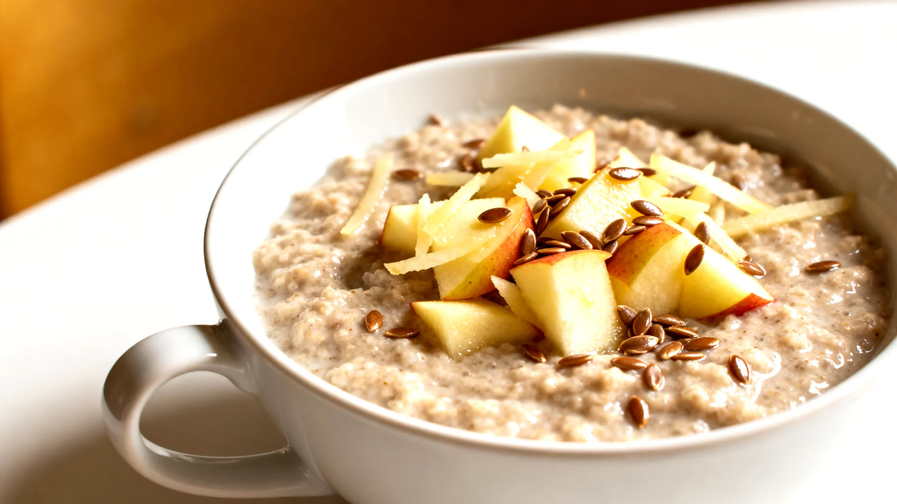 Flohsamen-Porridge mit geriebenen Äpfeln und Leinsamen"