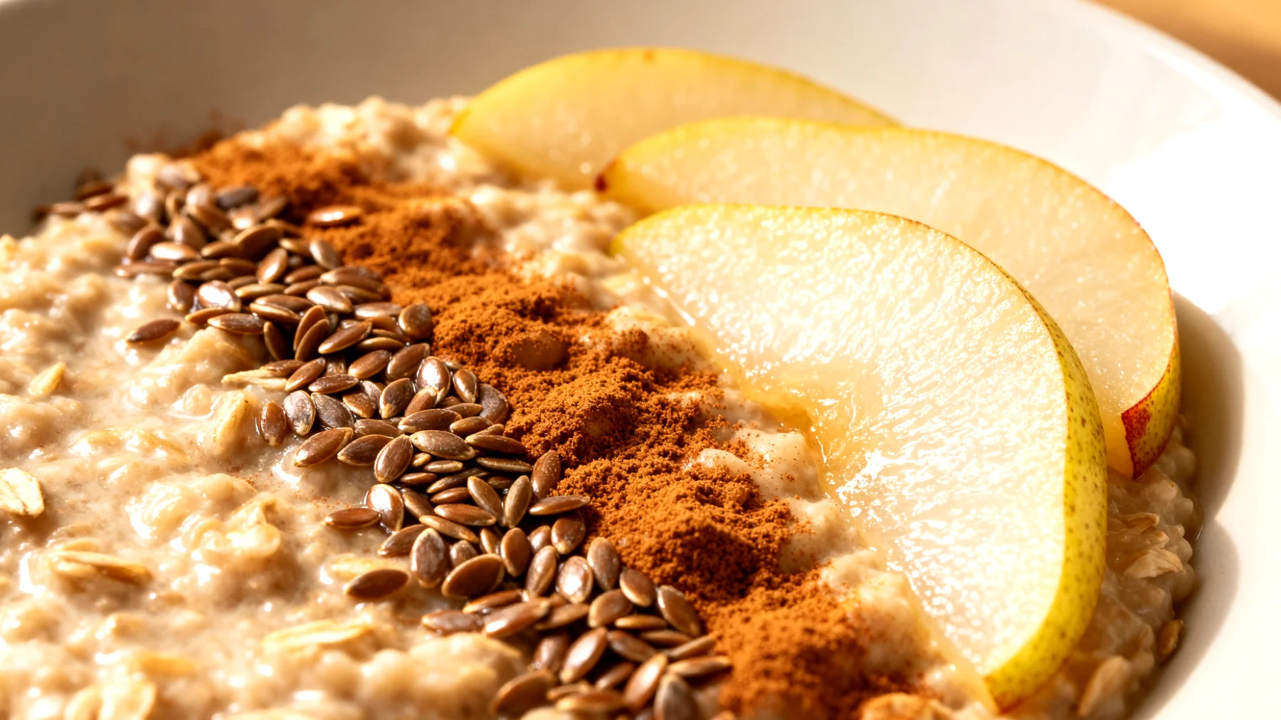Hafer-Porridge mit Leinsamen, Zimt und gedünsteten Birnen"