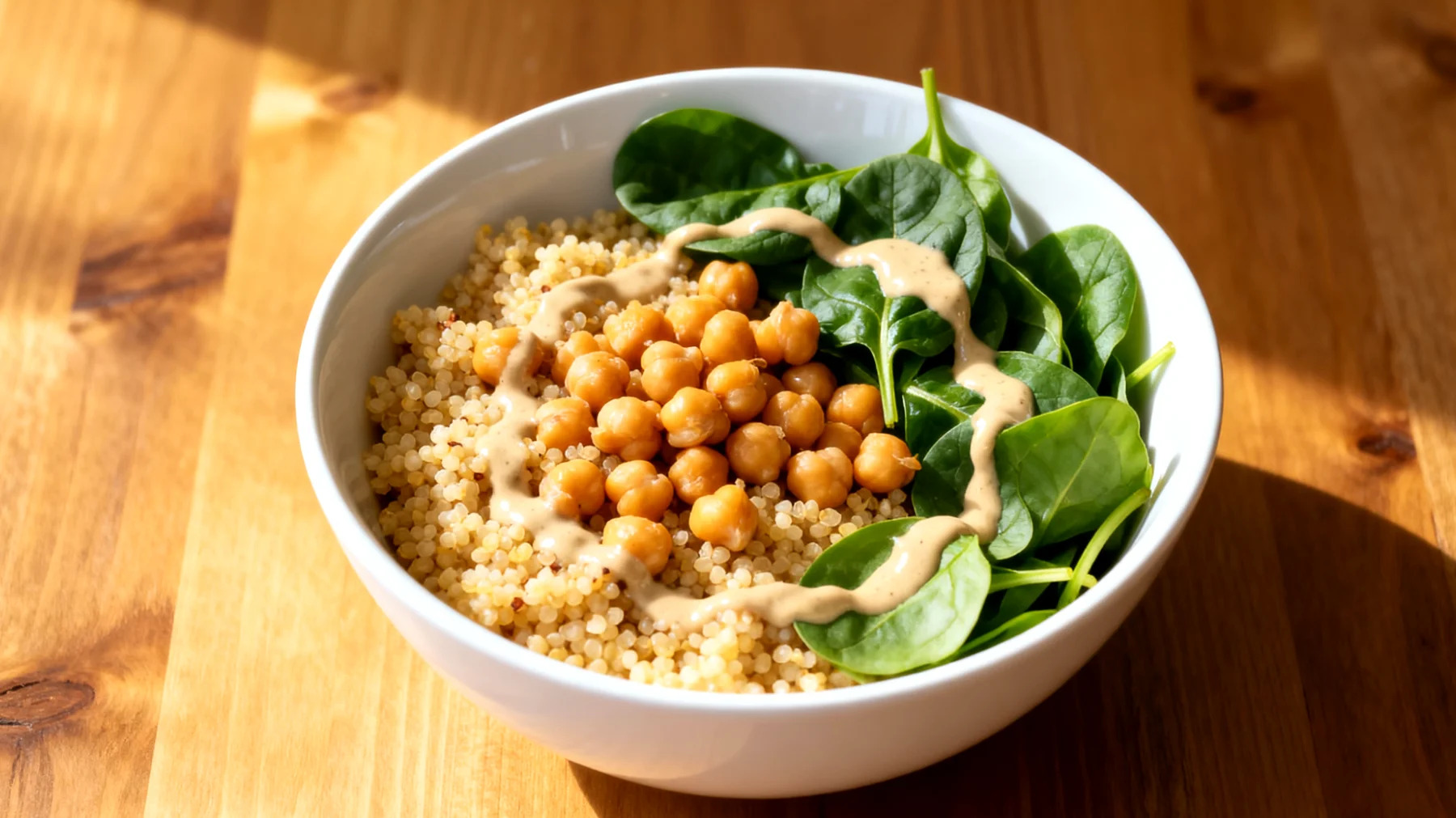 Hirse-Bowl mit Kichererbsen, Spinat und Tahini-Sauce"