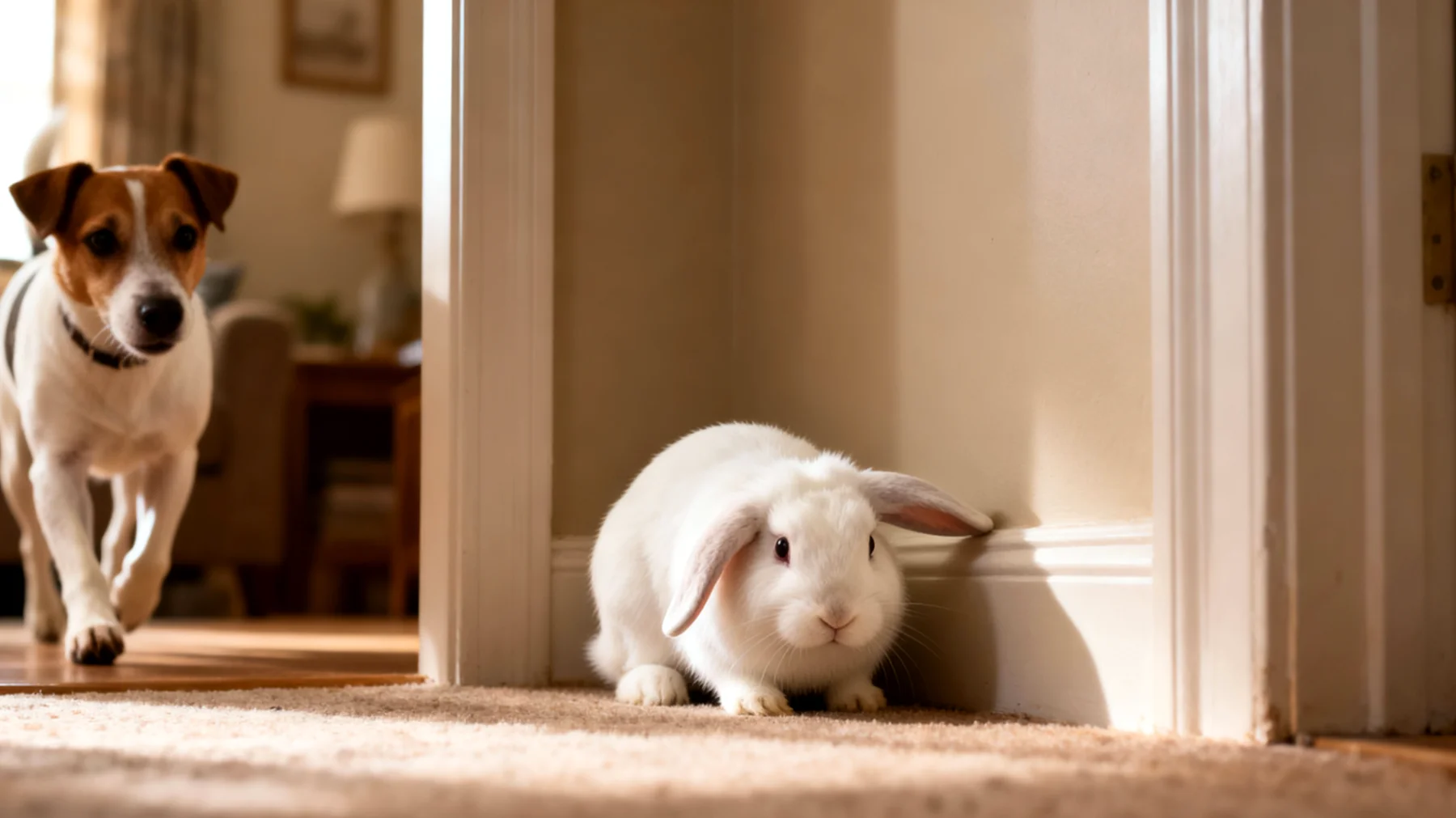 Kaninchen zeigen oft Stresssymptome wie Angst, Aggression oder Rückzugsverhalten, wenn sie mit anderen Tieren zusammenleben, insbesondere mit Hunden oder Katzen, die als natürliche Fressfeinde wahrgenommen werden können"