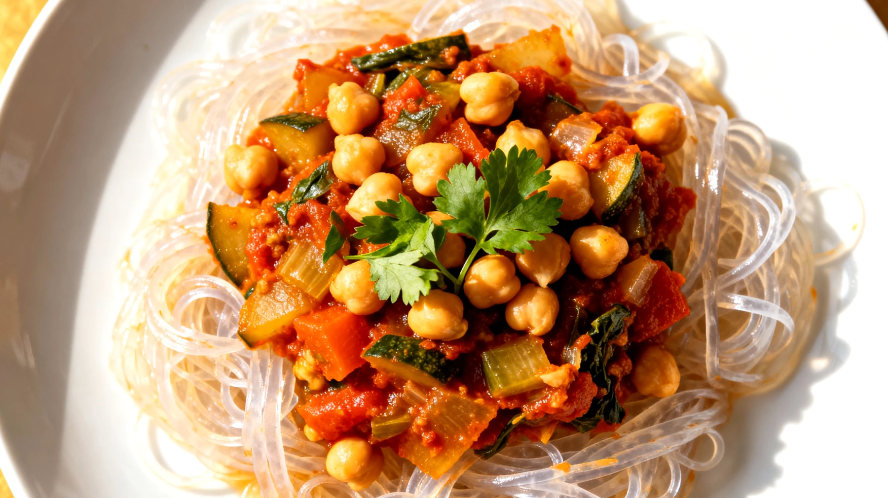 Konjak-Nudeln (Shirataki) mit Gemüse-Ragu und Kichererbsen"