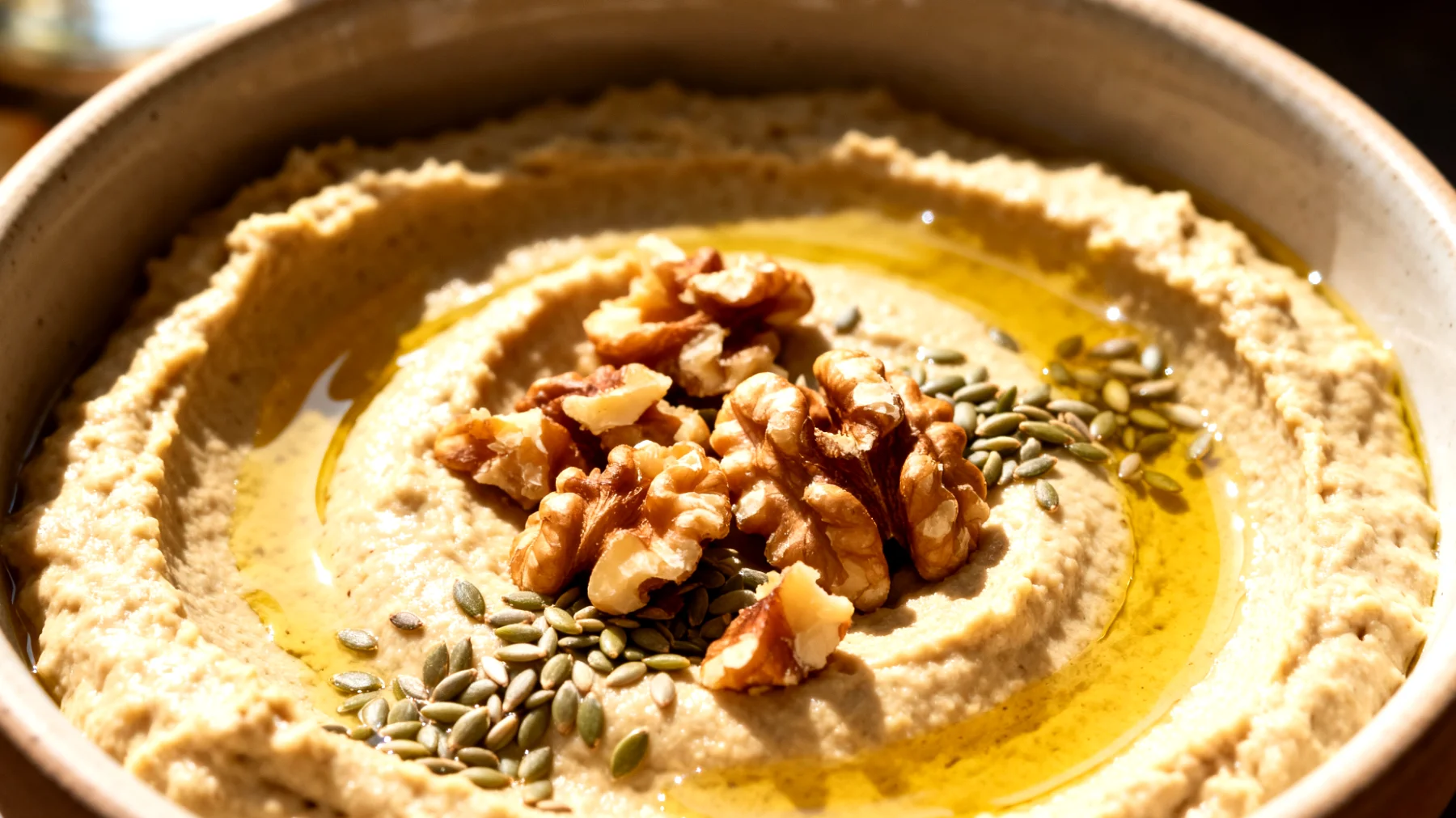 Lupinenbohnen-Hummus mit Walnüssen und Hanfsamen"