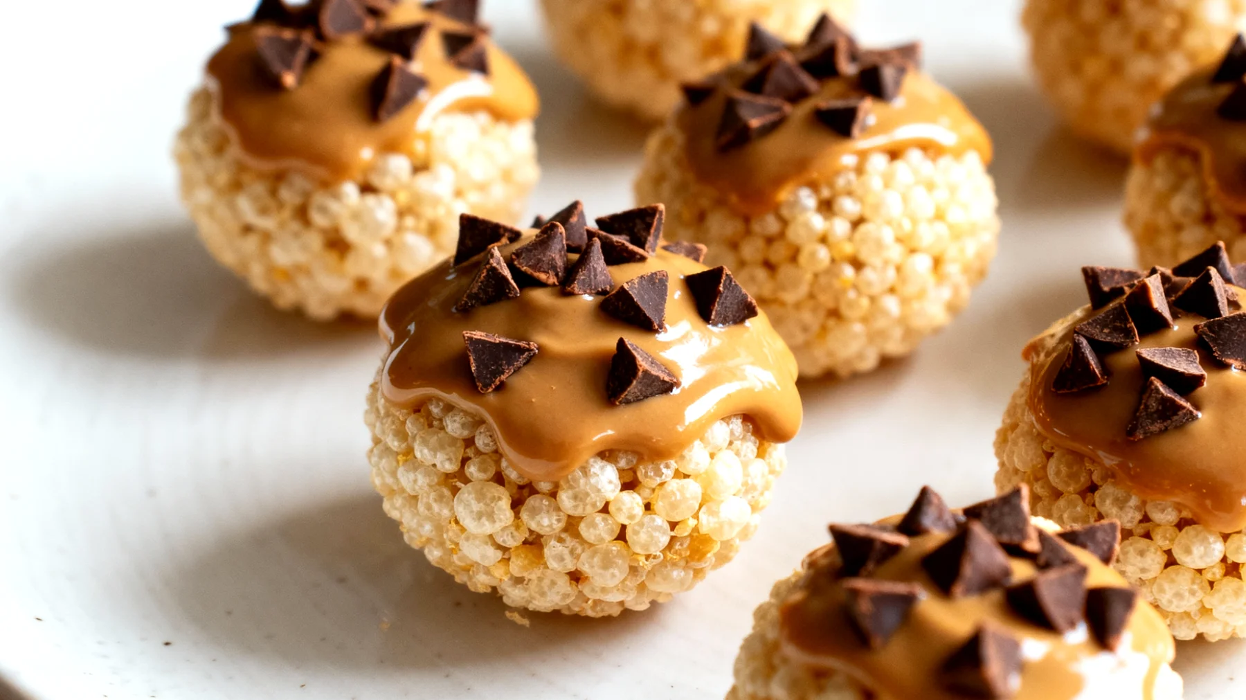 Amaranth-Puffbällchen mit Mandelbutter und Kakaonibs"