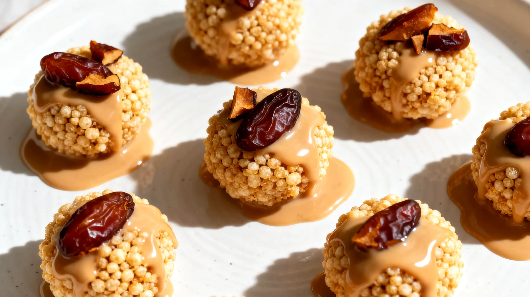 Amaranth-Puffbällchen mit Tahini und Datteln"