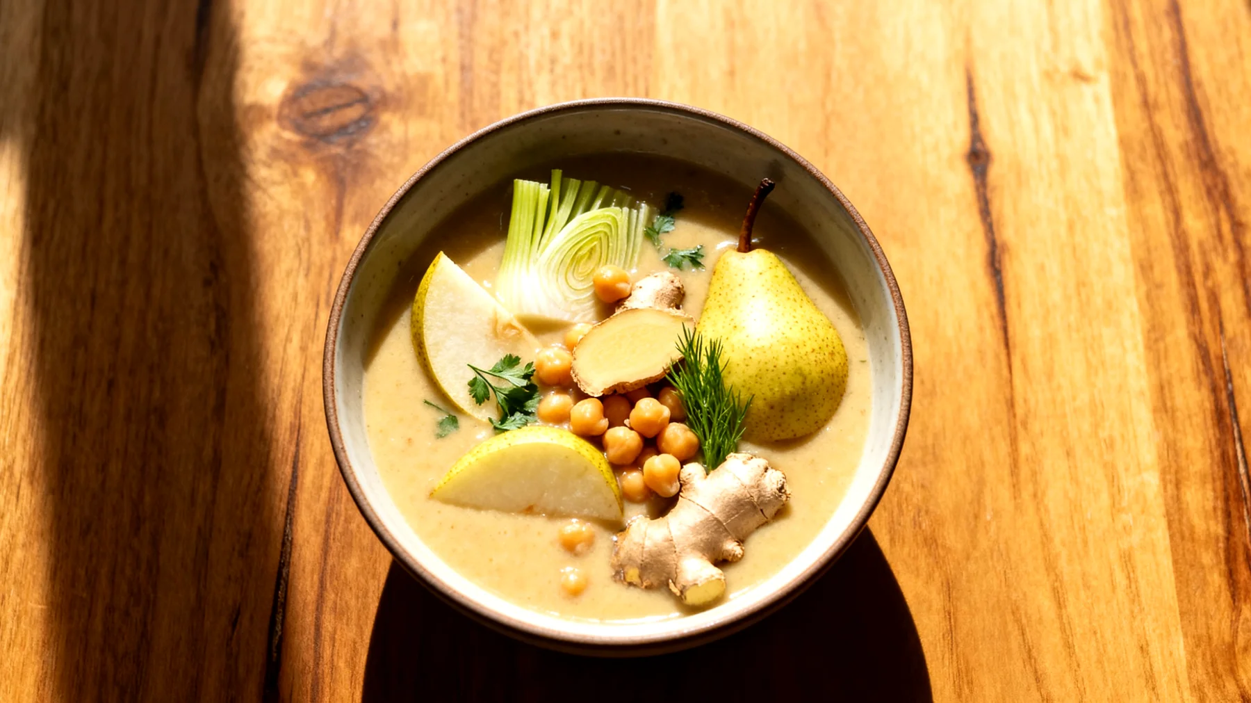 Fenchel-Birnen-Suppe mit Kichererbsen und Ingwer"