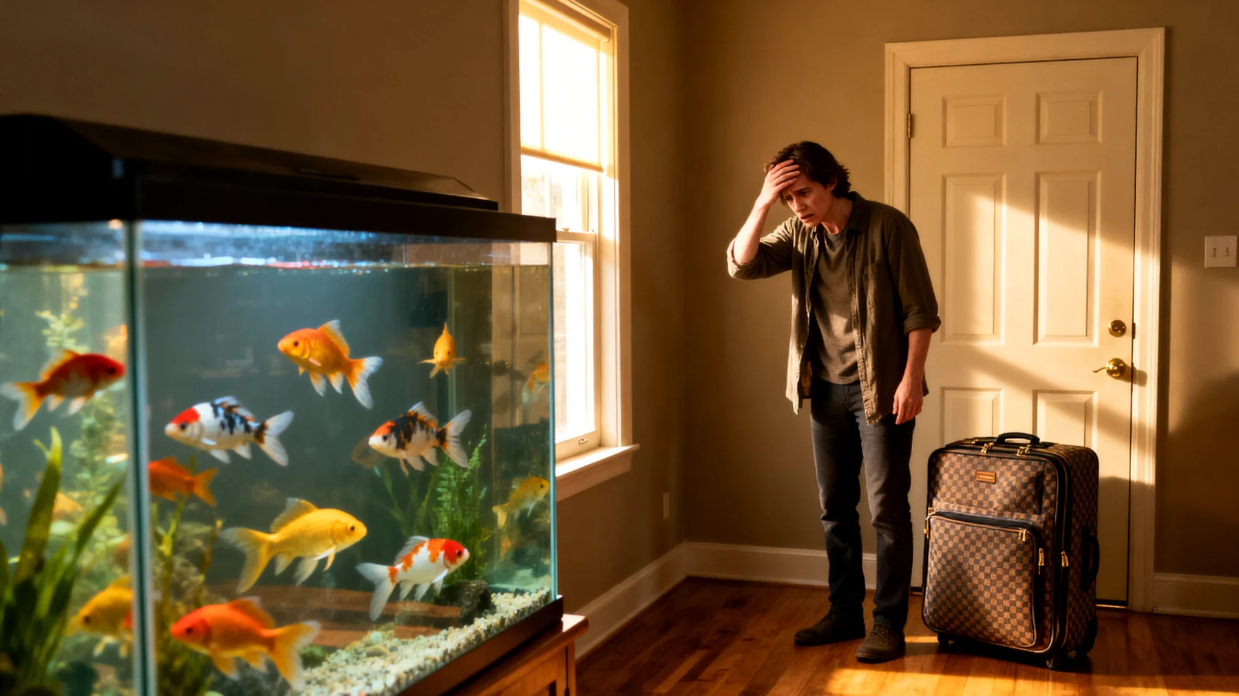 Fische können während einer Reise nicht mitgenommen werden und benötigen eine zuverlässige Versorgung im Aquarium, einschließlich regelmäßiger Fütterung, Temperaturkontrolle und Wasserpflege"