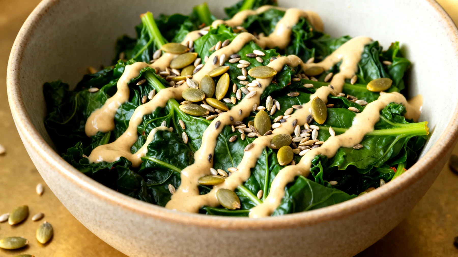 Hanfsamen-Tahini-Bowl mit gedünstetem Mangold und Kürbiskernen"