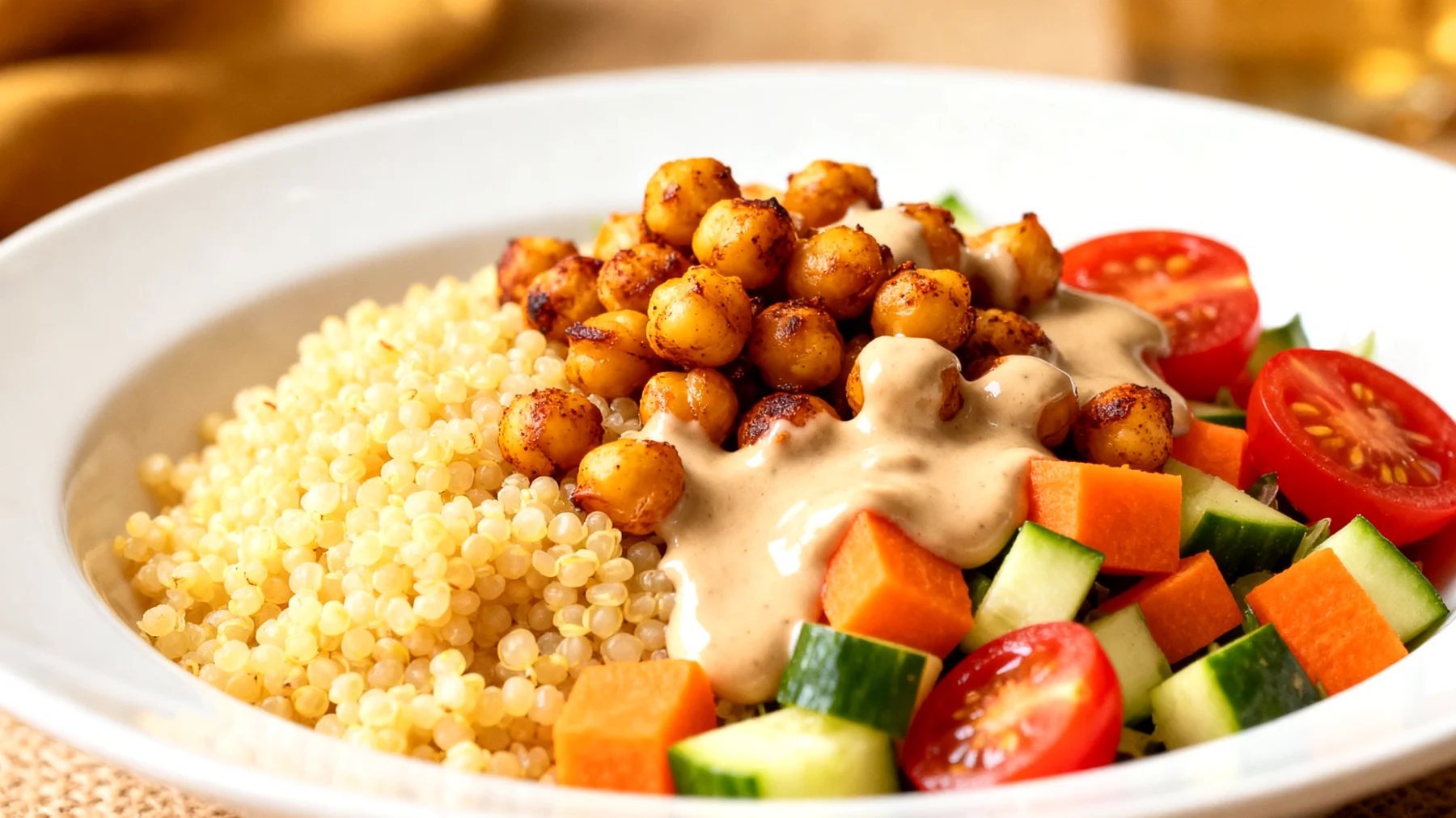 Hirse-Gemüse-Salat mit gerösteten Kichererbsen und Tahini-Dressing"