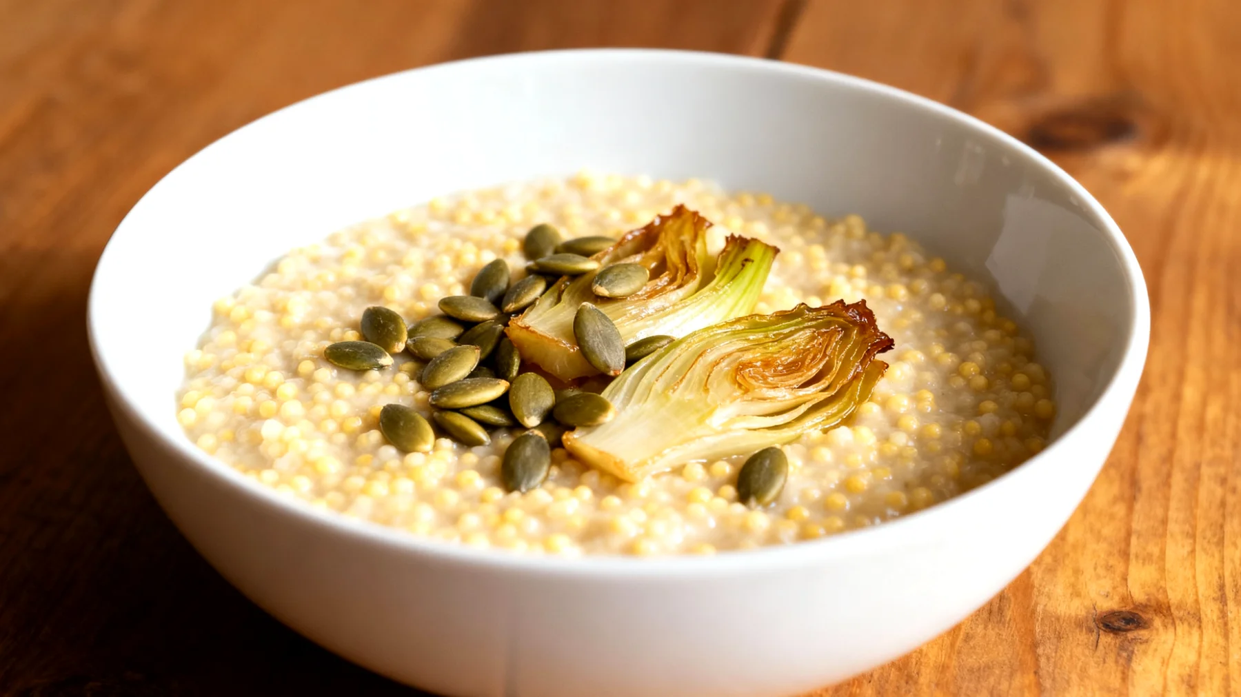 Hirse-Porridge mit Kürbiskernen und gedünstetem Fenchel"