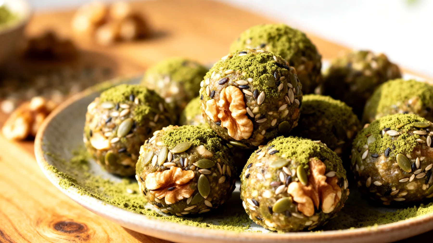 Walnuss-Matcha-Energiebällchen mit Hanfsamen"